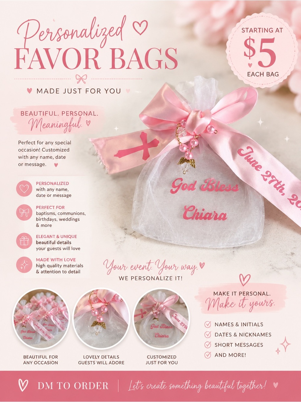 Personalized Pink Organza Favor Bag with Ribbon